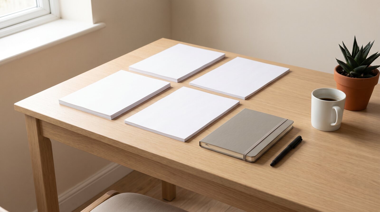Modern desk with stacked printouts, a notebook, a cup and a plant