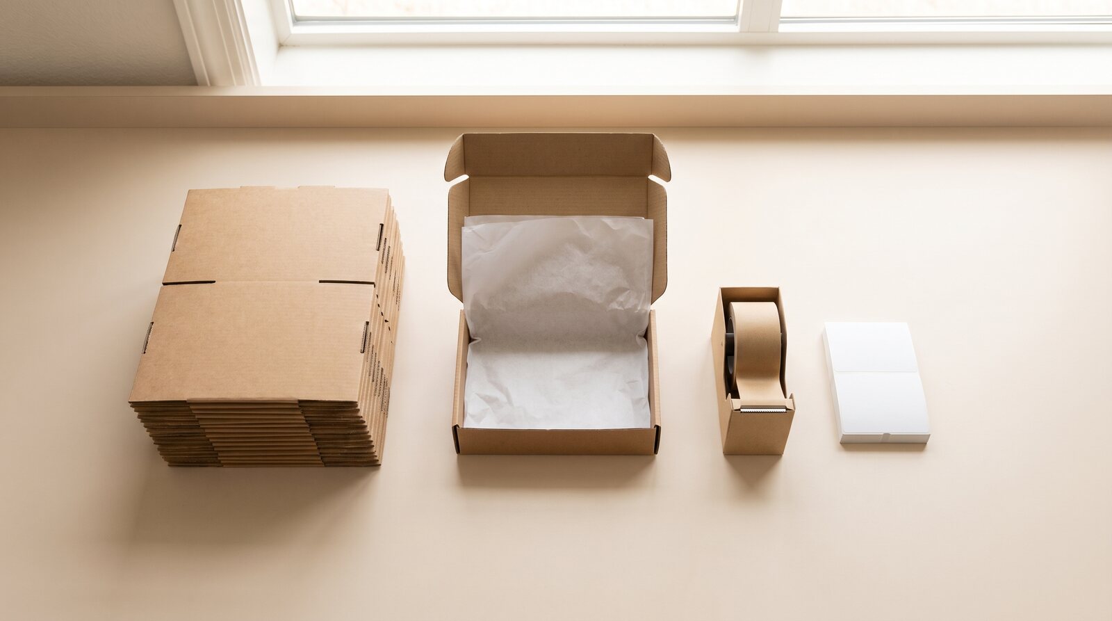 Packing table by a window: stacked cartons, tissue paper, paper tape and shipping labels